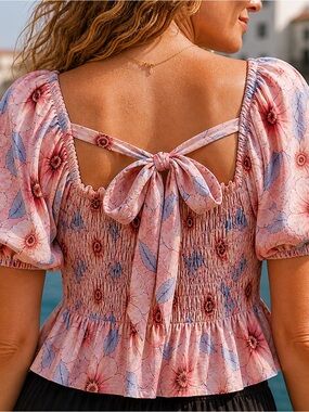NWT POL Pink Floral Tie-Back Puff Sleeve Peplum Top with Smocked Bust